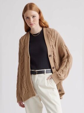 Quince 100% Organic Cotton Oversized Cable Knit Cardigan Sweater Camel Tan Sz S